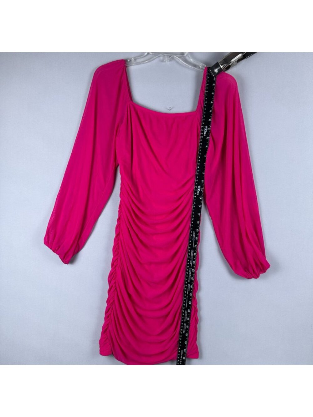 Fashion Womens Ruched Bodycon Mini Cocktail Dress Size M Puff Sleeve Hot Pink - Picture 7 of 14